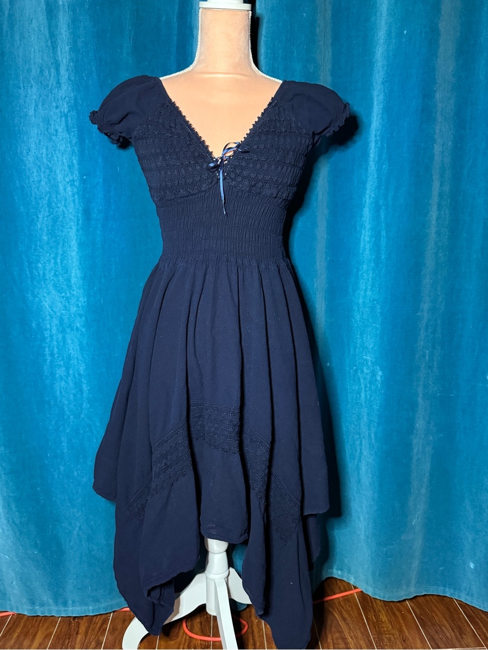 Navy Short-Sleeve Smocked V-Neck Handkerchief Hem Dress